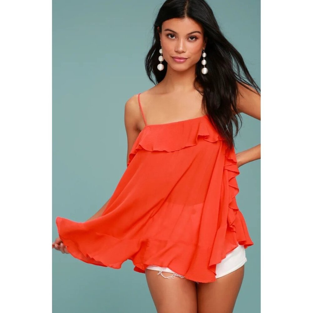 Free People Cascades Ruffle Cami Size XS Coral Red Orange Flowy - Picture 9 of 9